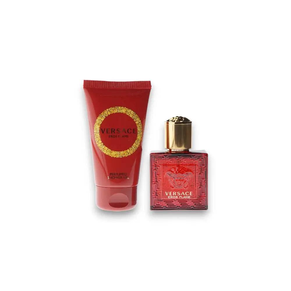 Versace Eros Flame Duftset mit Parfümflakon und roter Duschgel-Tube, freigestellt