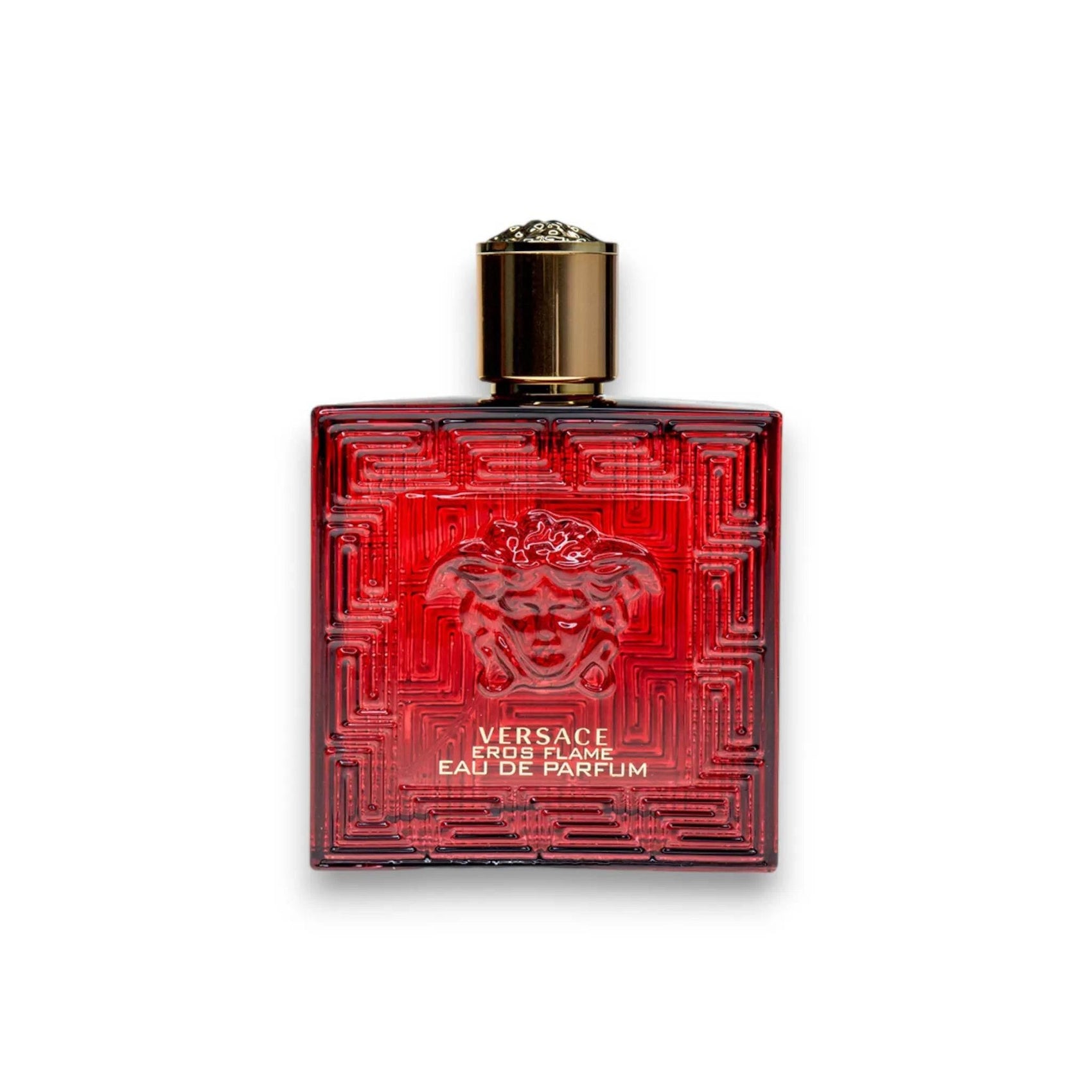 Roter Versace Eros Flame Parfumflakon mit goldener Kappe, Medusa-Logo und Prägung.