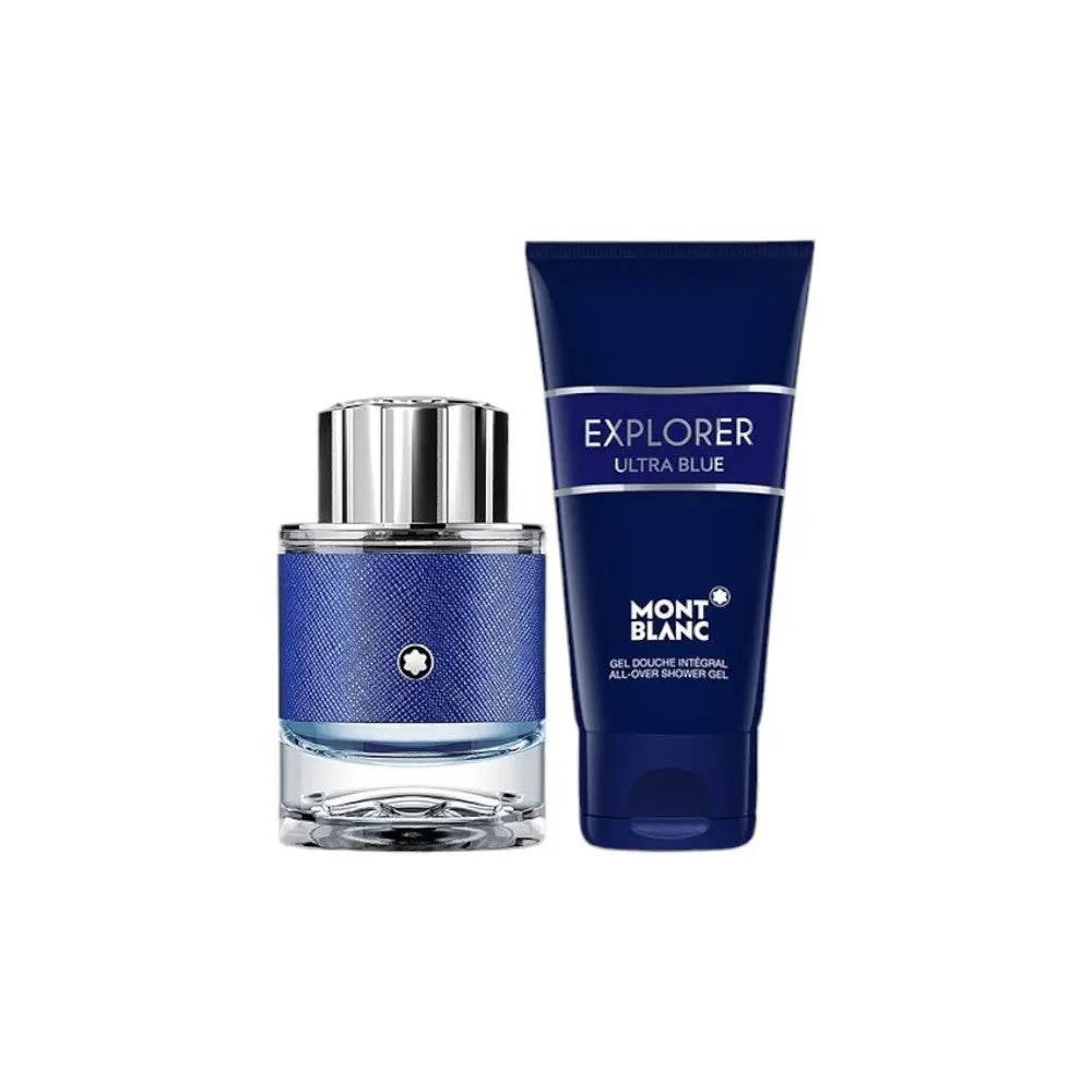Explorer Ultra Blue Eau de Parfum und Duschgel Set, blau und silber, auf weißem Hintergrund