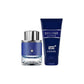 Montblanc Explorer Ultra Blue Eau de Parfum und Duschgel Set auf weißem Hintergrund