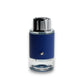 Luxuriöser blauer Eau de Parfum Flakon mit silbernem Deckel, Nischenparfum Produktfoto