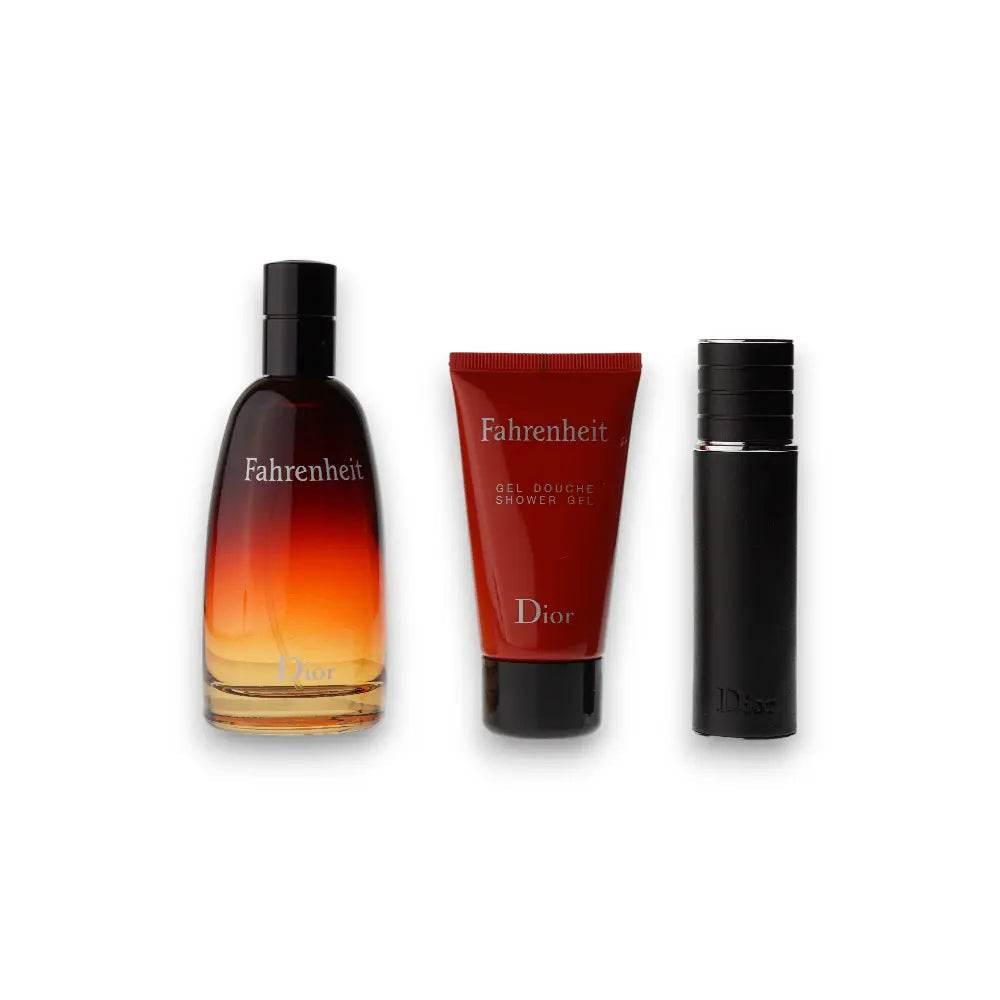 Fahrenheit Duftset mit Eau de Toilette, Duschgel und Travel Spray, vor weißem Hintergrund.