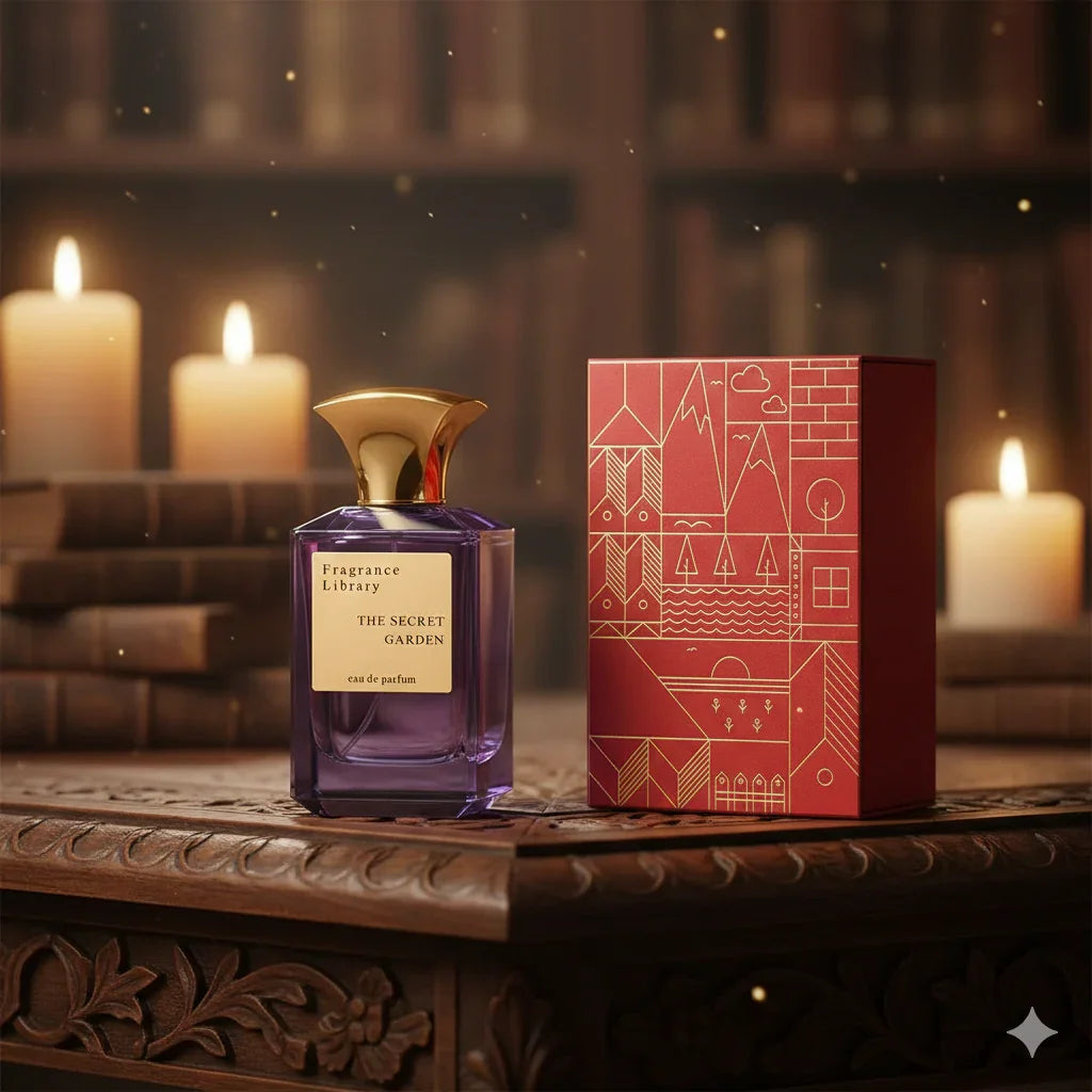 Luxusparfum Flakon The Secret Garden Eau de Parfum mit verzierten Verpackung auf Holztisch, umgeben von Kerzen.