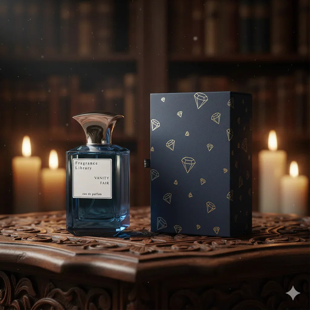 Luxuriöses Eau de Parfum Vanity Fair vor eleganter Verpackung, Kerzen und Bücherregal
