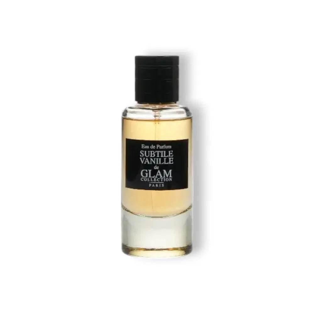 Parfumflakon Subtile Vanille Eau de Parfum, transparent mit goldener Flüssigkeit, schwarzer Deckel