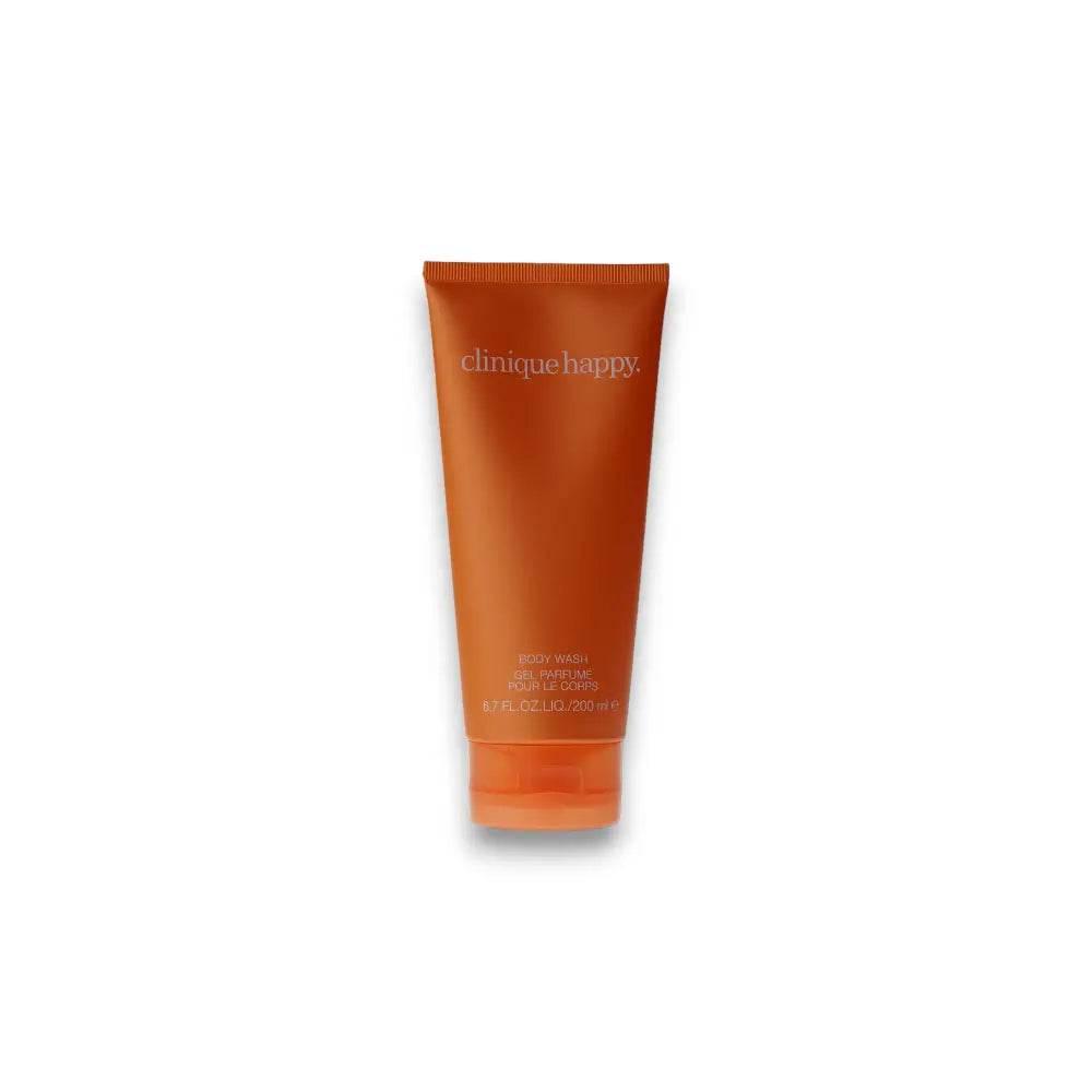 Orangefarbene Tube Clinique Happy Duschgel 200ml auf weißem Hintergrund, Premium-Kosmetik