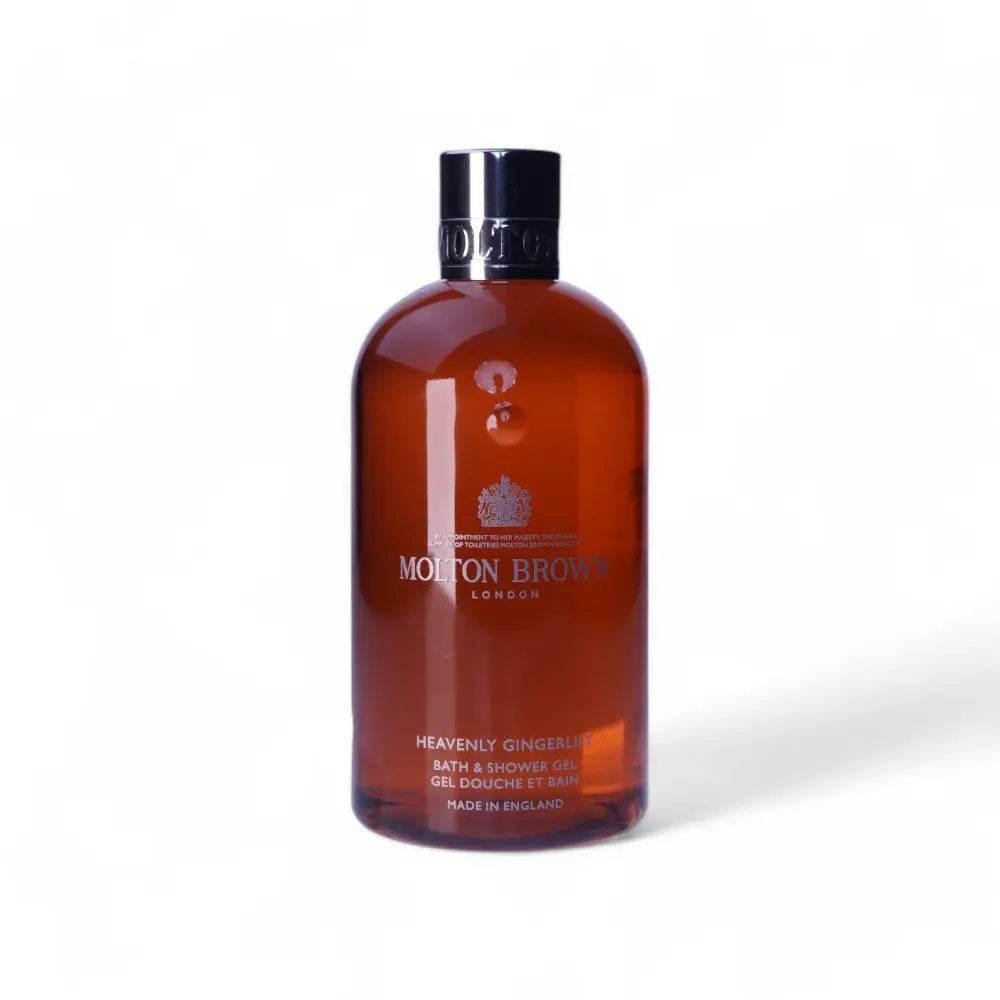 Molton Brown Heavenly Gingerlily Bade- und Duschgel, braune Flasche, Produktfoto auf Weiß.