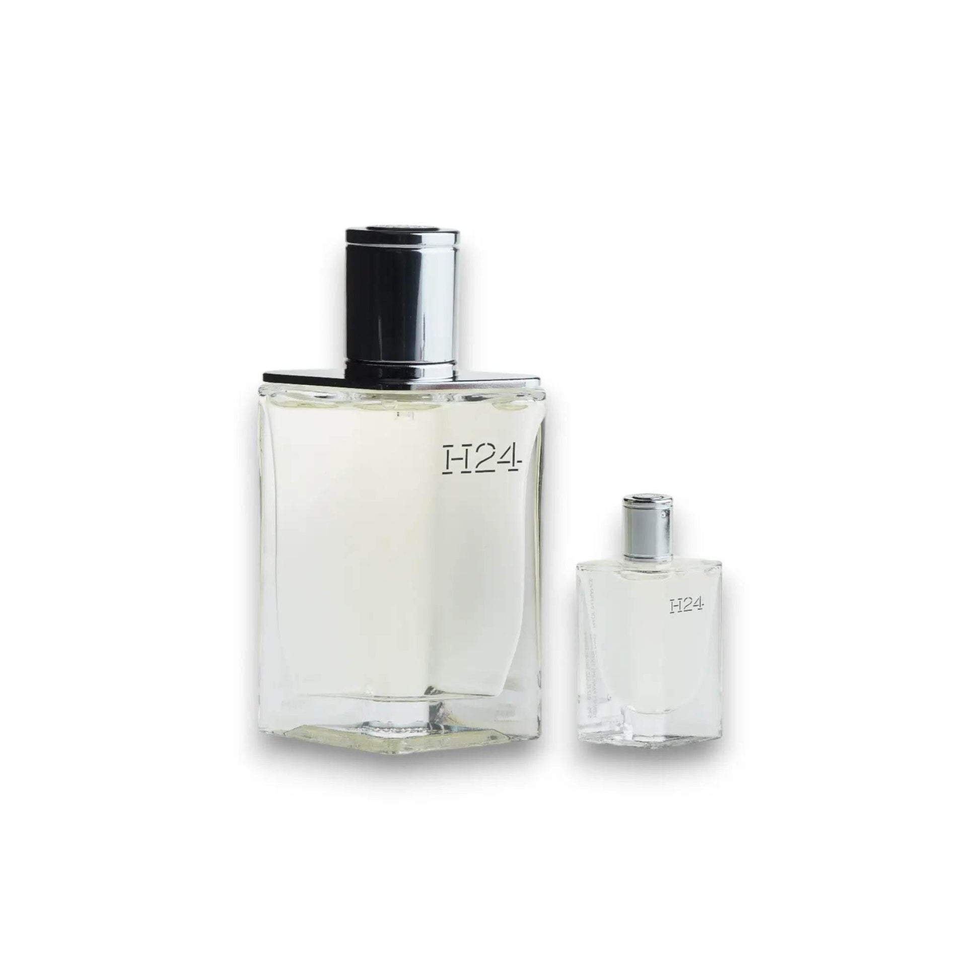 Zwei H24 Parfumflakons mit silbernem Verschluss, luxuriöse Duftset-Darstellung.