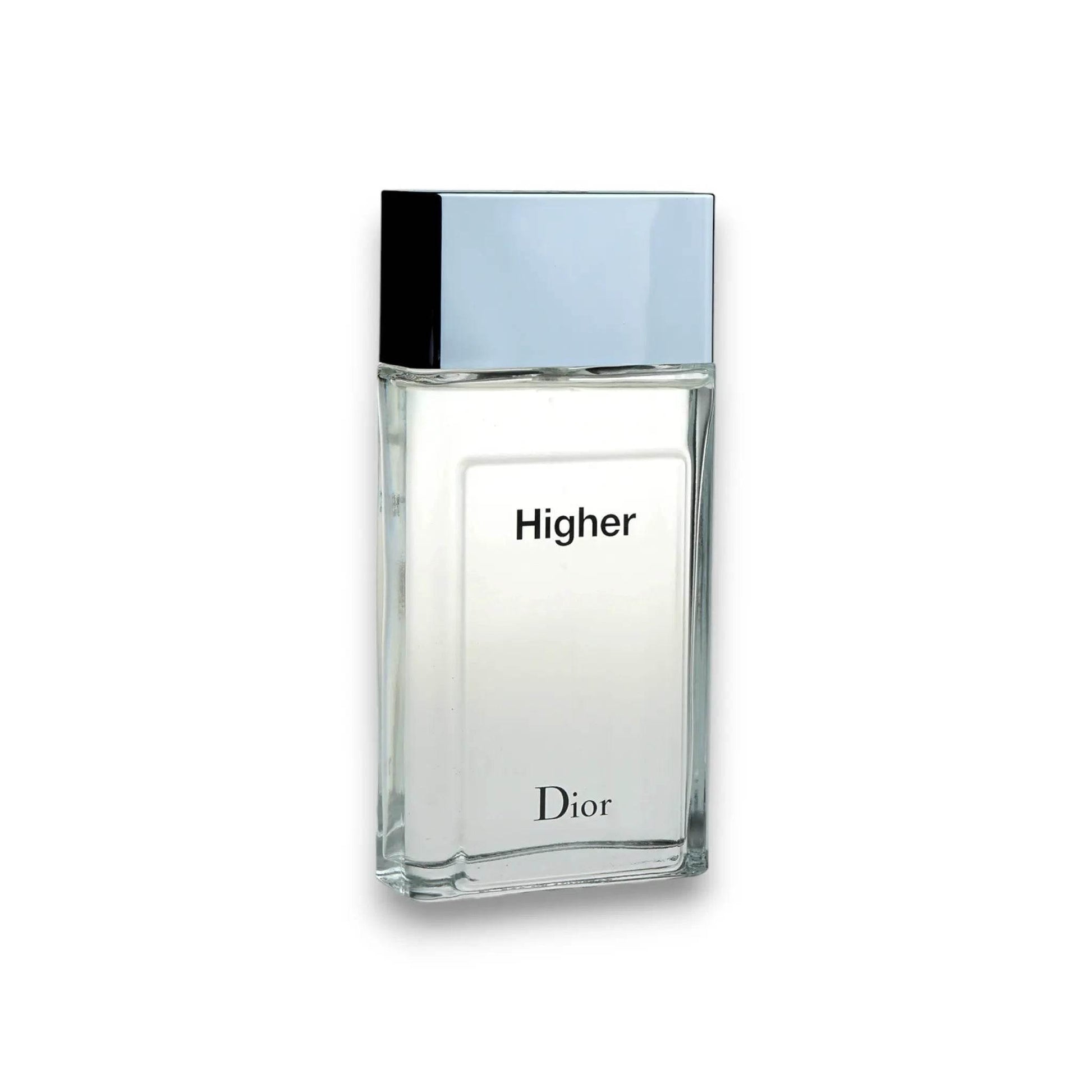 Klarer Parfümflakon mit silbernem Verschluss, Aufschrift „Higher“, minimalistisches Design