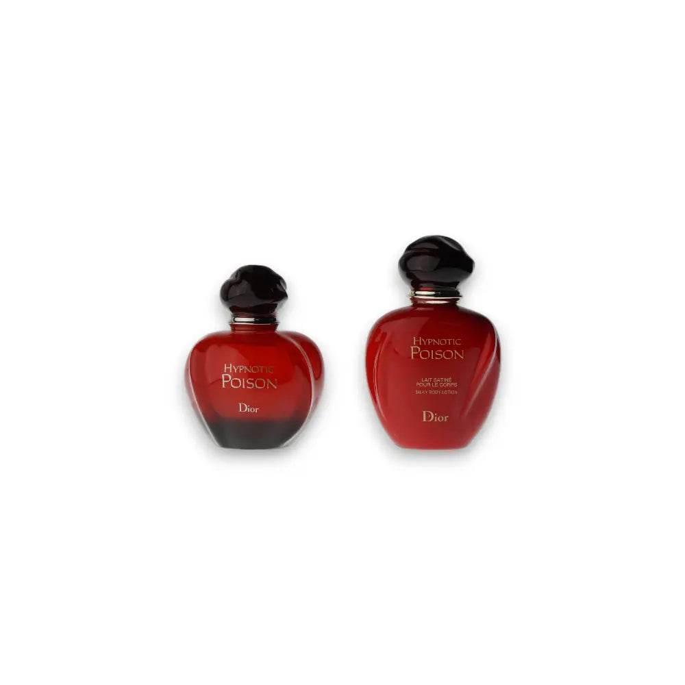 Rotes Hypnotic Poison Duftset mit Eau de Toilette und Bodylotion auf weißem Hintergrund