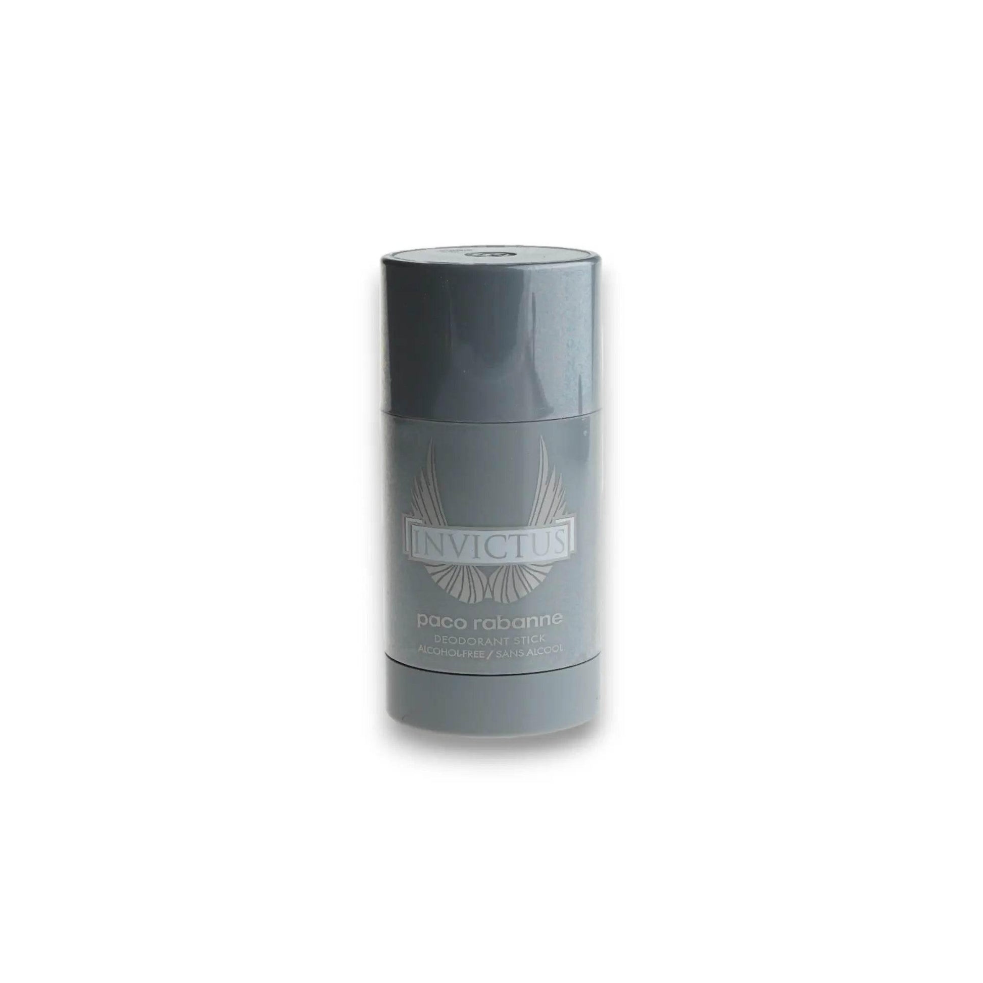 Grauer Invictus Deodorant Stick von Paco Rabanne, alkoholfrei, auf weißem Hintergrund