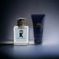 K by Dolce & Gabbana Duftset mit Parfumflakon und Aftershave-Balsam auf neutralem Hintergrund
