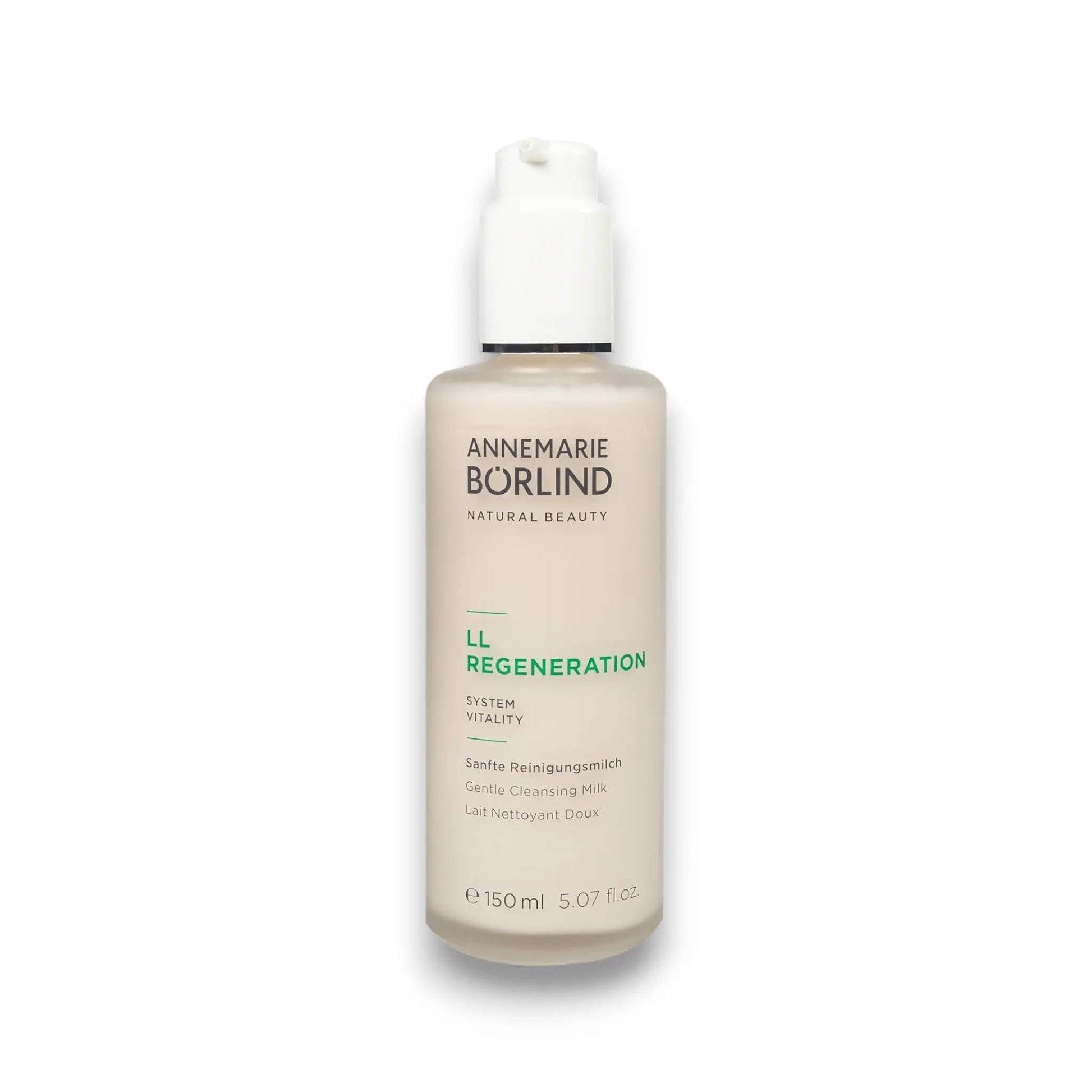 Annemarie Börlind LL Regeneration milde Reinigungsmilch 150ml Flasche auf weißem Hintergrund