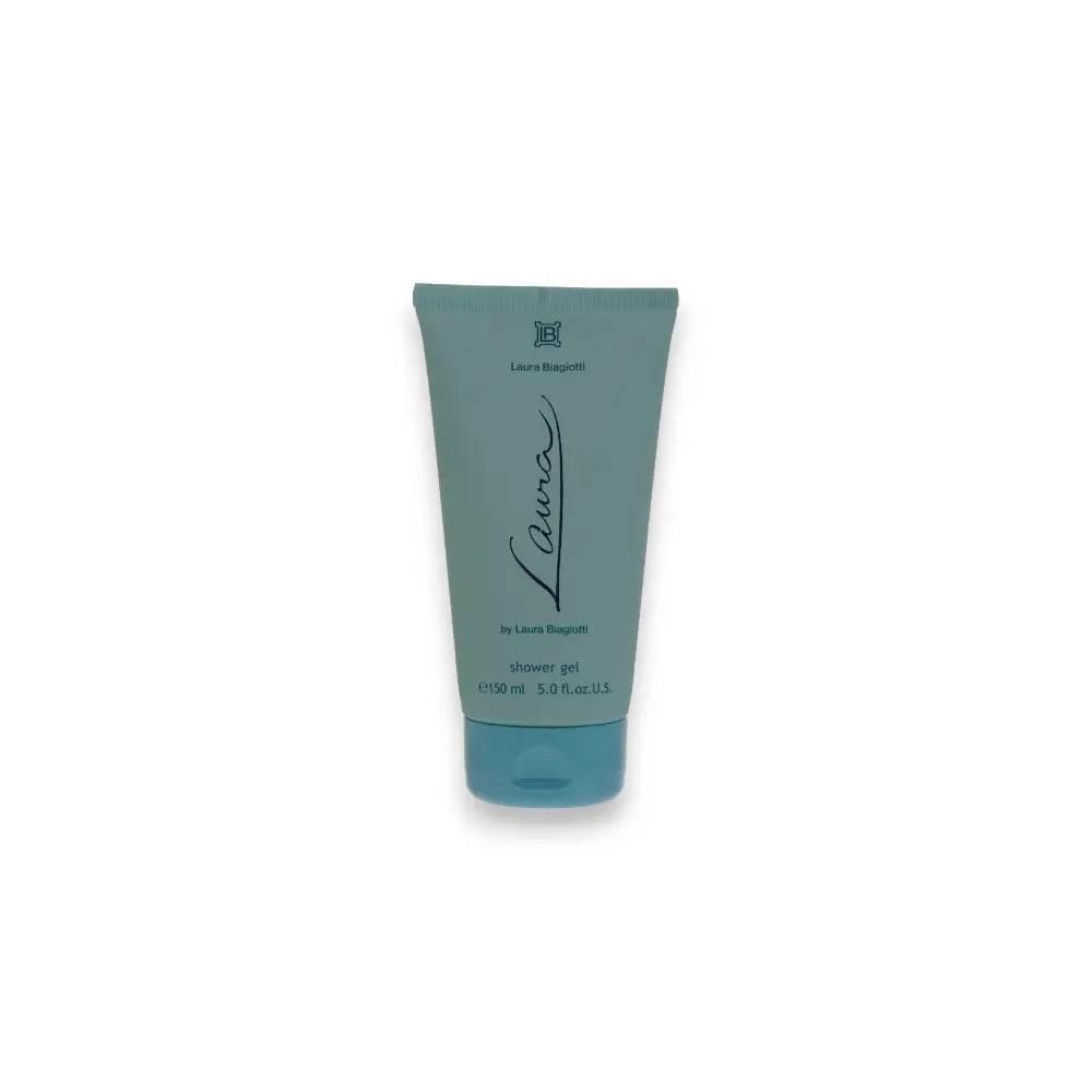 Blaues Duschgel Laura Biagiotti Tube 150ml auf weißem Hintergrund, Pflegekosmetik Produktfoto