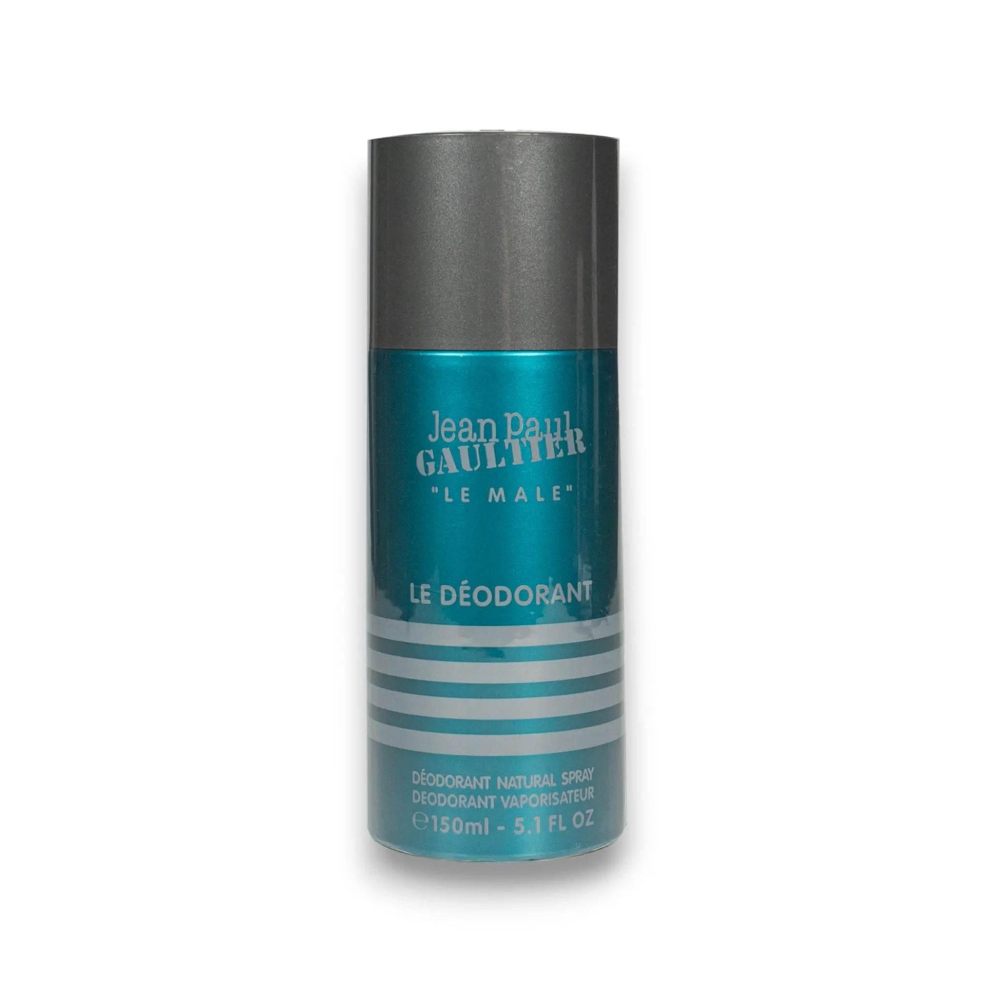 Deodorant Spray Le Male, türkisfarbene 150ml Dose mit silbernen Streifen und Aufschrift.