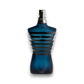 Dunkelblauer Parfumflakon in Torsoform mit schwarzen Streifen, männlicher Duft, Eau de Toilette
