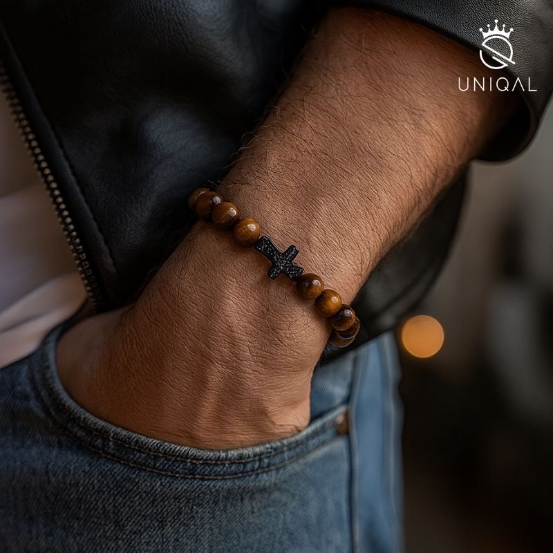 ARMBAND TIGERAUGE & BLACK ZIRKONIA KREUZ  8MM