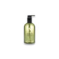 Transparente Pumpflasche mit grüner Handseife, Aufschrift Lime & Patchouli sichtbar