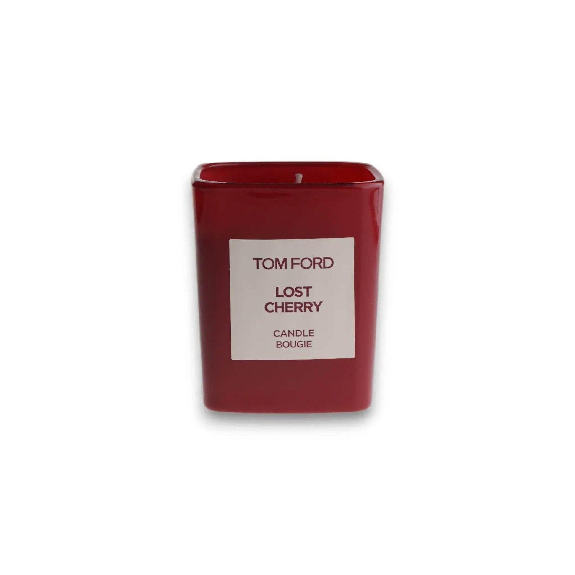 Rote Duftkerze Lost Cherry von Tom Ford, eckiges Glas, edles Design.
