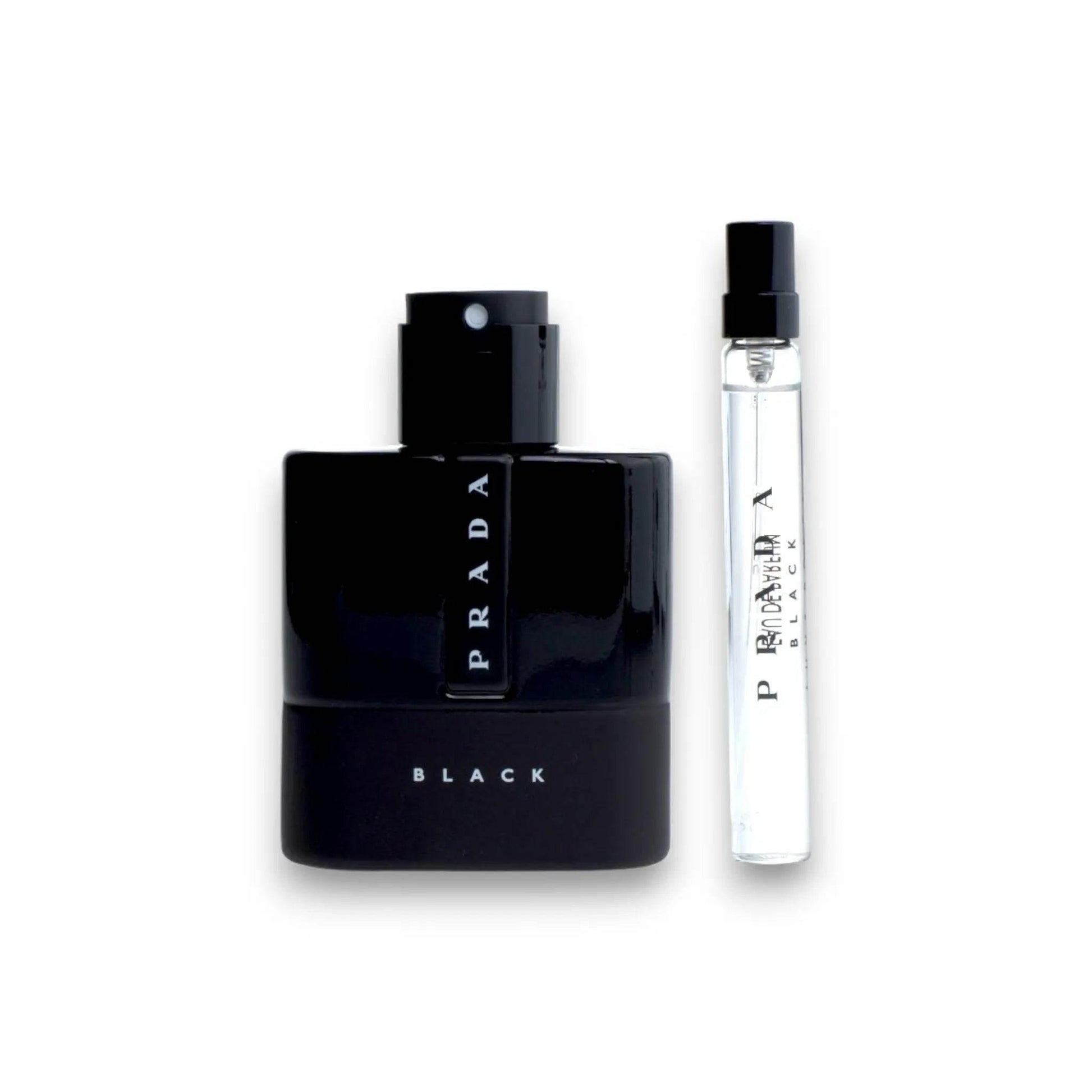 Luxuriöses Parfüm-Duftset mit schwarzem Flakon und Reisegröße, minimalistisch präsentiert.
