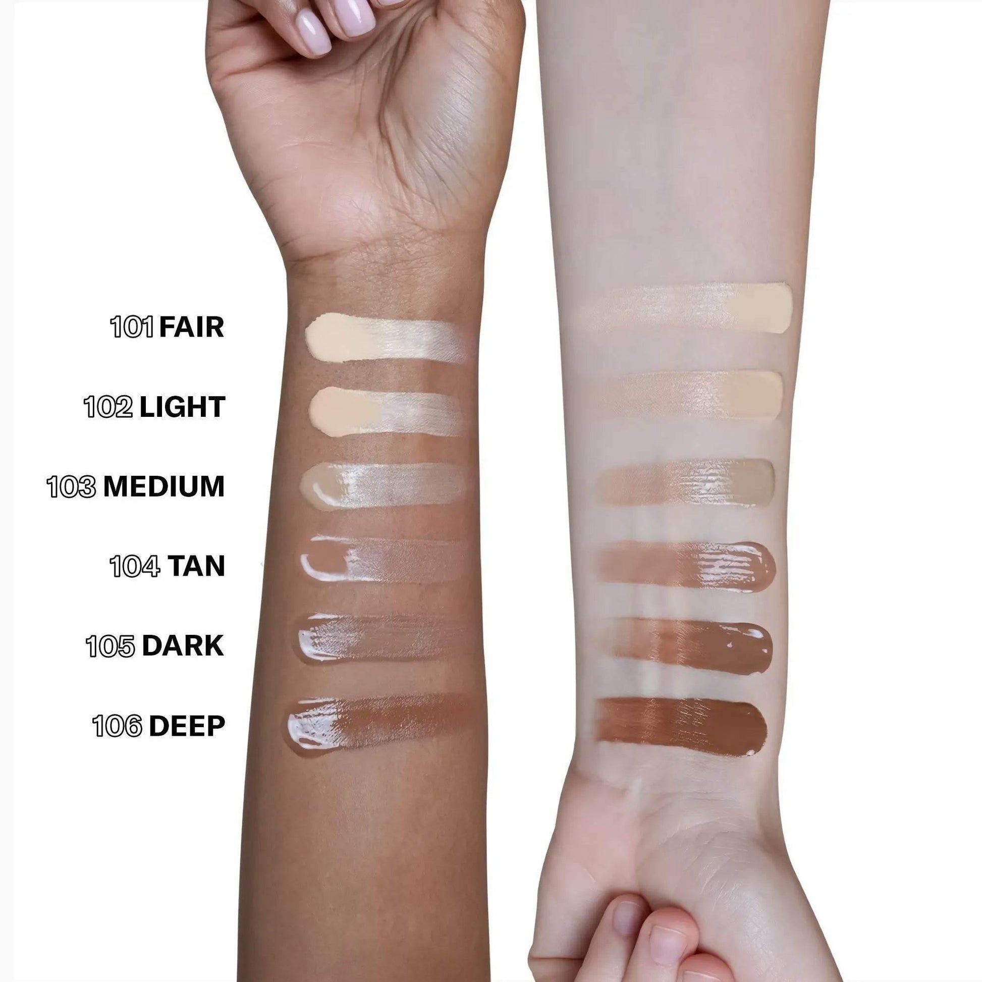 Sechs Farbtöne von getönter Gesichtscreme mit SPF 20 auf zwei Unterarmen aufgetragen.