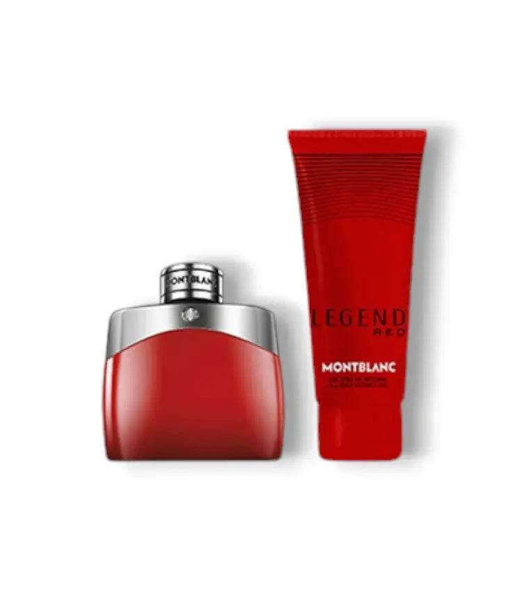 Montblanc Legend Red Parfum Geschenkset mit rotem Flakon und Tube auf weißem Hintergrund