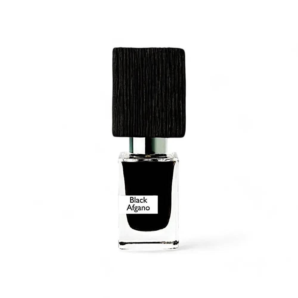 Luxuriöser Black Afgano Parfumflakon mit schwarzem Holzkopf auf weißem Hintergrund