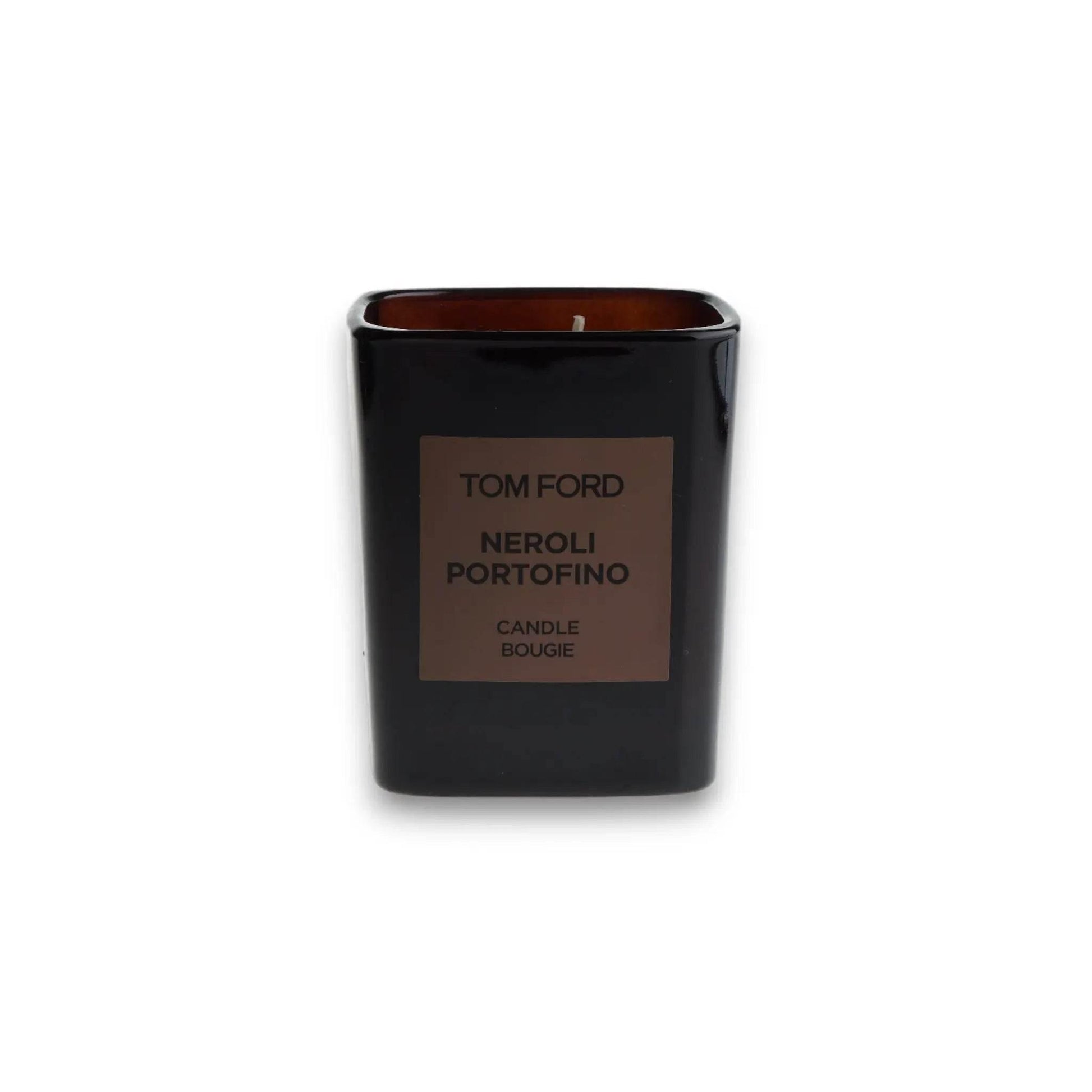 Schwarze Duftkerze Neroli Portofino in eckigem Glas mit sichtbarem Label