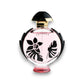 Runder Flakon mit rosa Parfum, schwarzen floralen Motiven und schwarzem Verschluss, Luxusduft