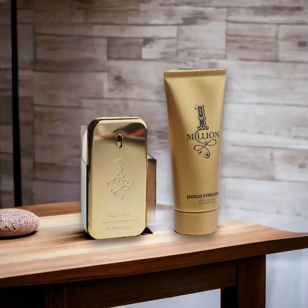 Goldenes One Million Duftset mit Eau de Toilette und Duschgel auf Holztisch, elegantes Design
