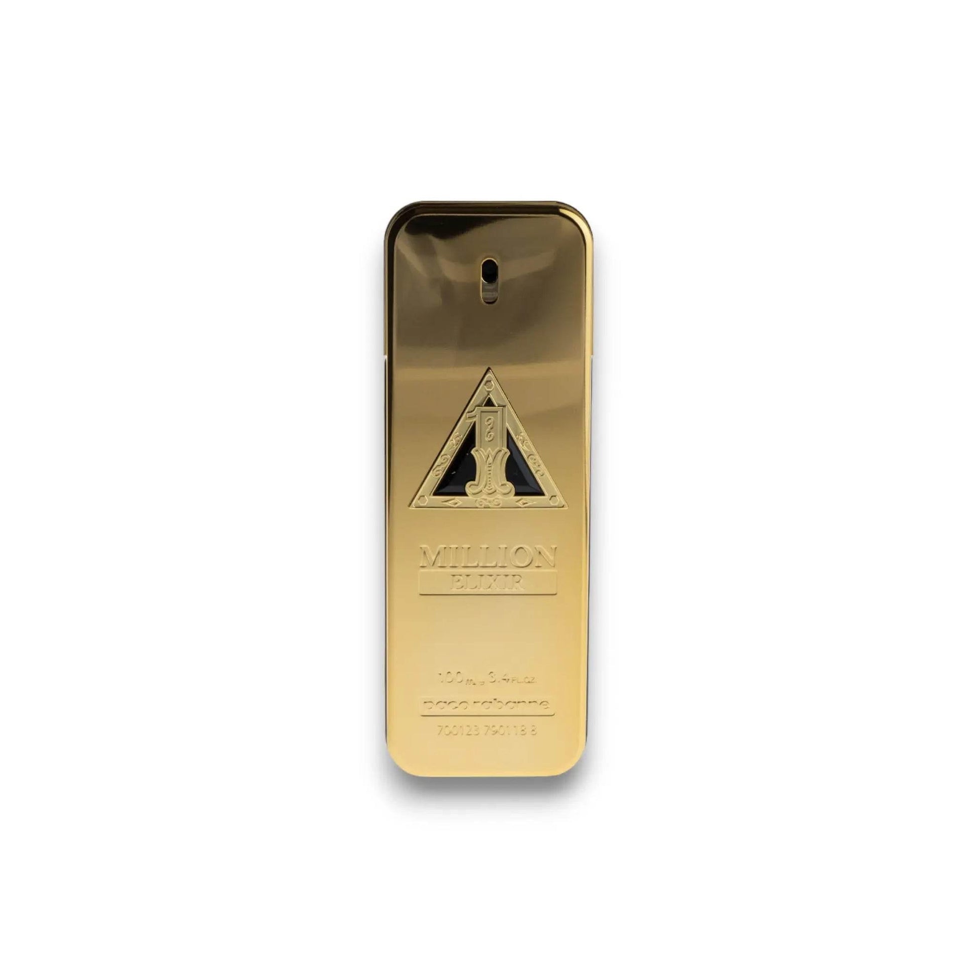 Goldenes Parfumflakon One Million Elixir, glänzend, rechteckig, luxuriöses Design auf weißem Hintergrund.