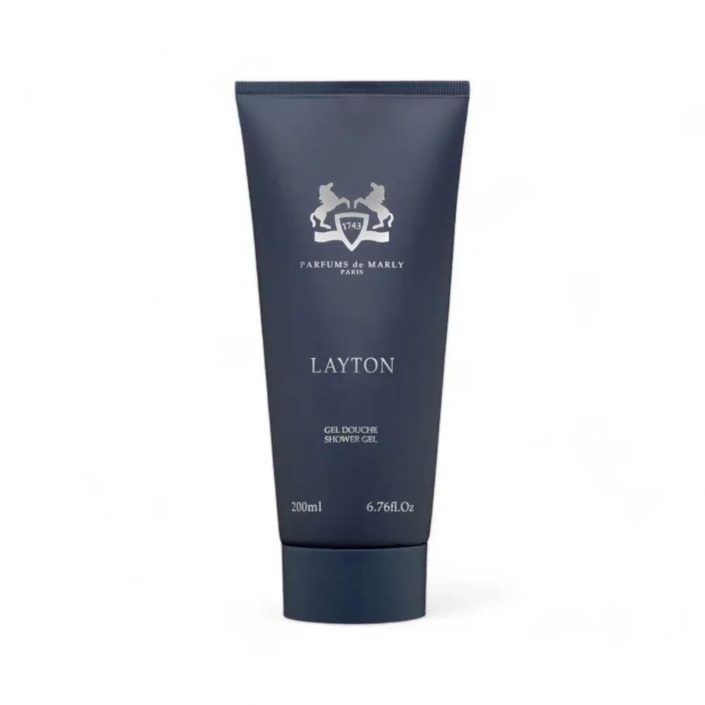 Layton Duschgel 200ml, dunkelblaue Tube, luxuriöse Körperpflege, Produktfoto vor weißem Hintergrund