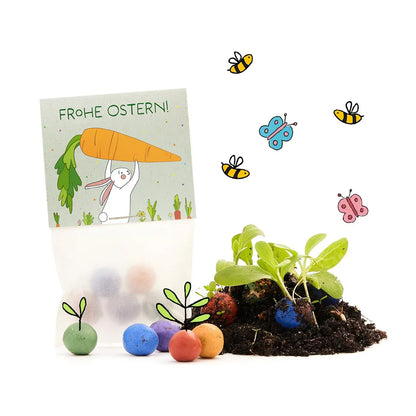 10x5 Blumenmurmeln im Tütchen "Hase mit Möhren"