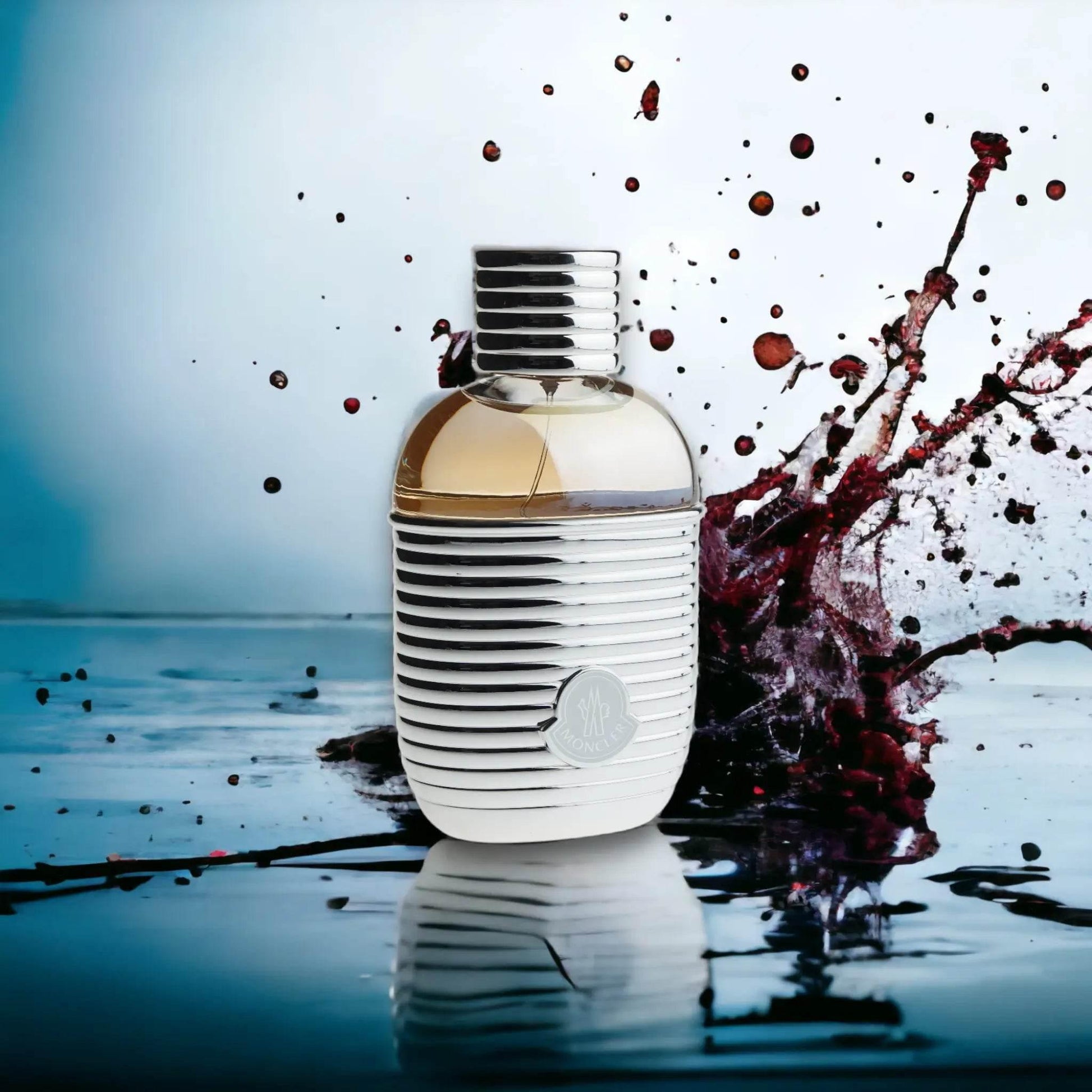 Eleganter Damenparfum-Flakon mit silbernem Design vor künstlerischem Splash-Effekt