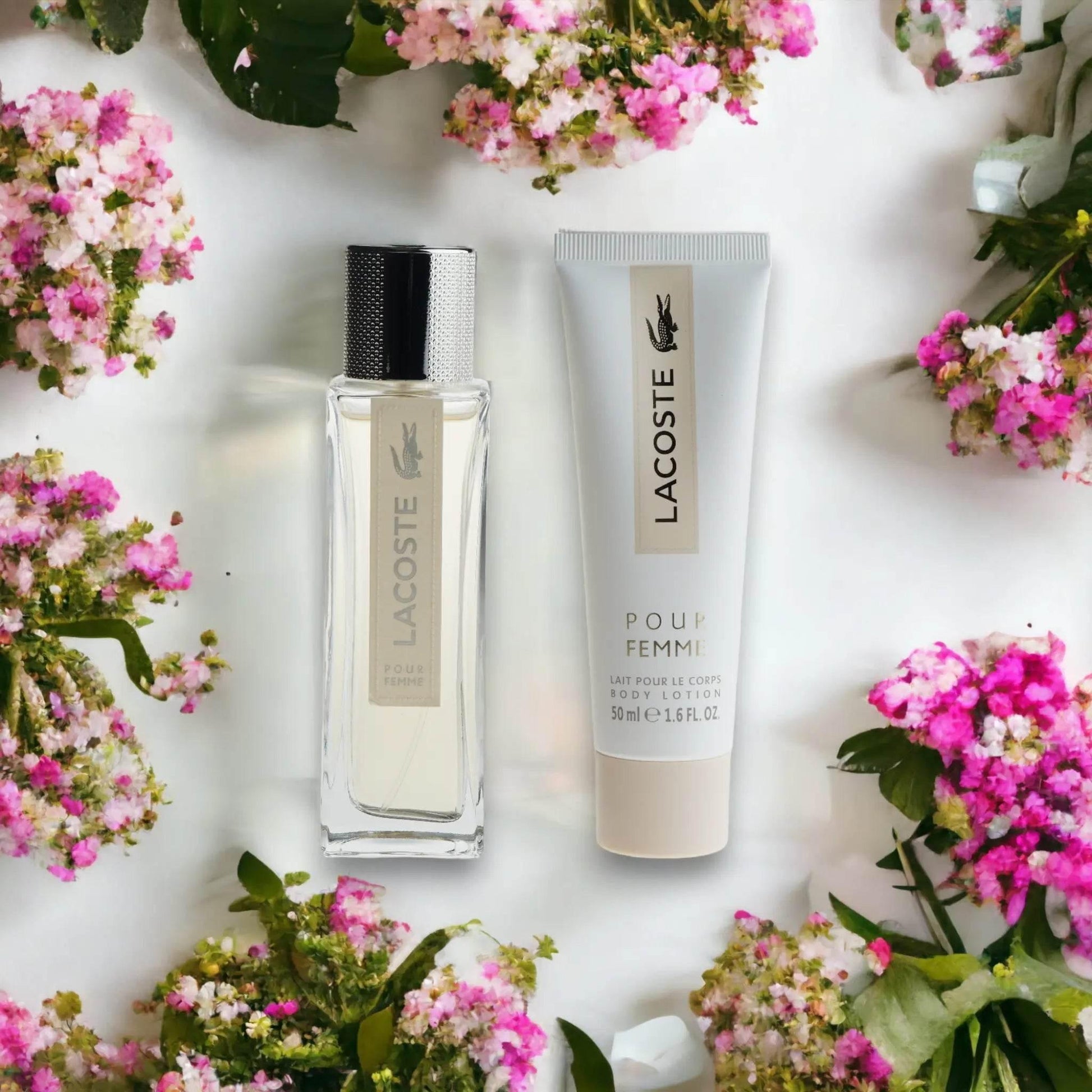 Lacoste Pour Femme Parfum und Bodylotion Set mit Frühlingsblumen, Damen Duft, Geschenkset
