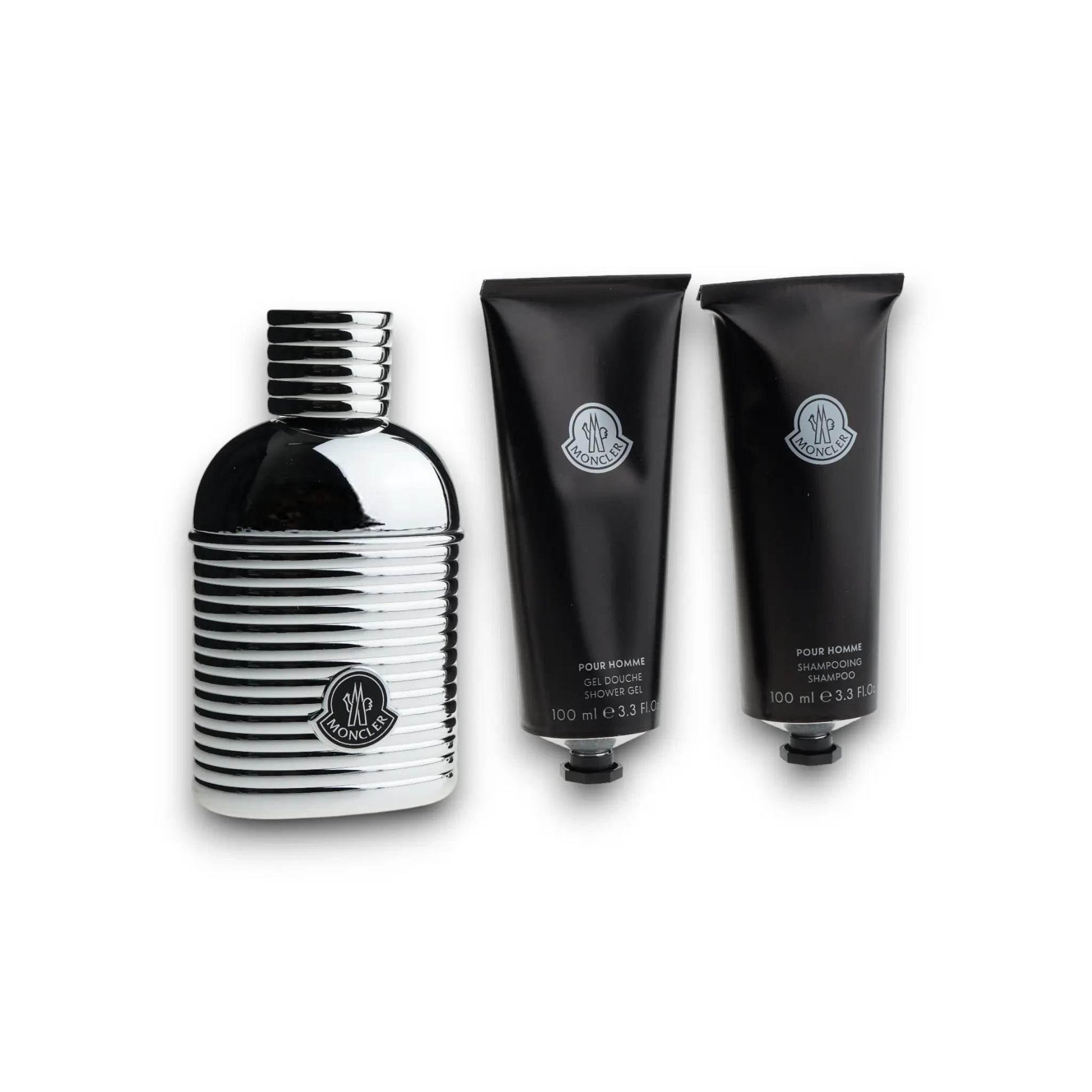 Herrenduftset mit silbernem Parfümflakon, Duschgel und Shampoo, luxuriöses Design