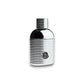 Eleganter silberner Parfümflakon mit Moncler-Logo, Herren Eau de Parfum, vor weißem Hintergrund