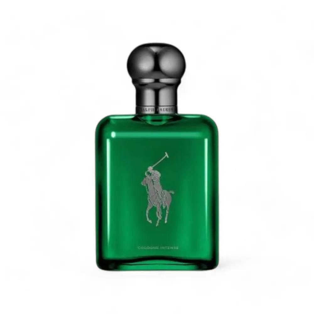 Grüne Parfumflasche mit silbernem Reiter-Logo und dunklem Verschluss auf weißem Hintergrund.