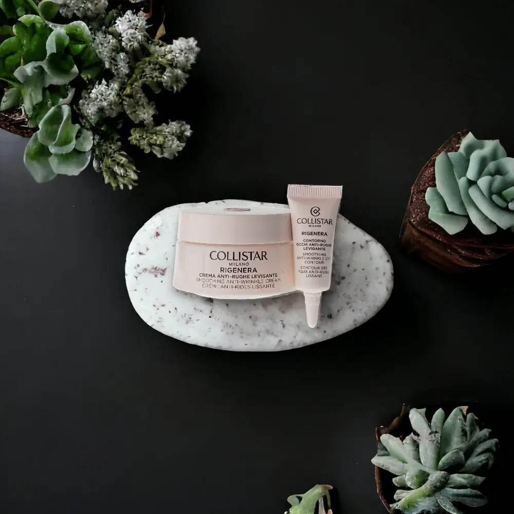 Collistar Rigenera Anti-Falten-Creme Set auf Marmorplatte, umgeben von Sukkulenten, Luxuspflege