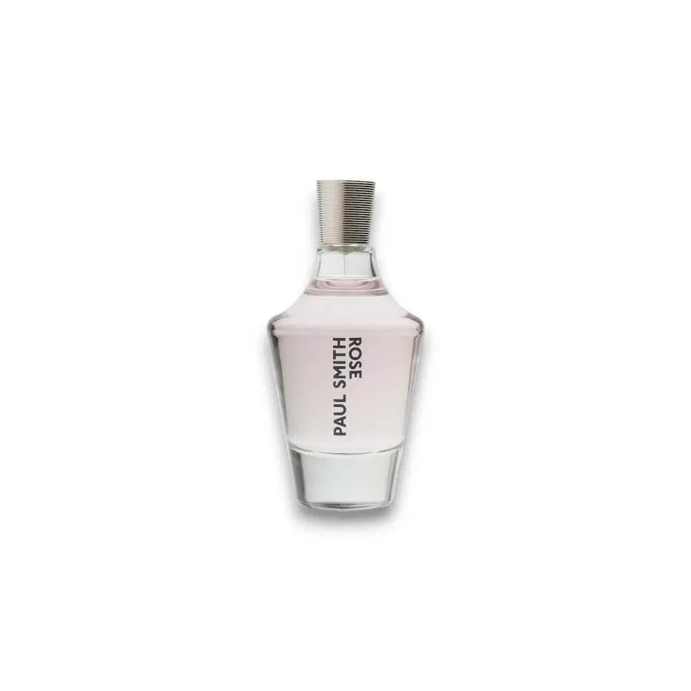 Edles Damenparfum in klarer Glasflasche mit zart roséfarbenem Duft, Duftname vertikal bedruckt