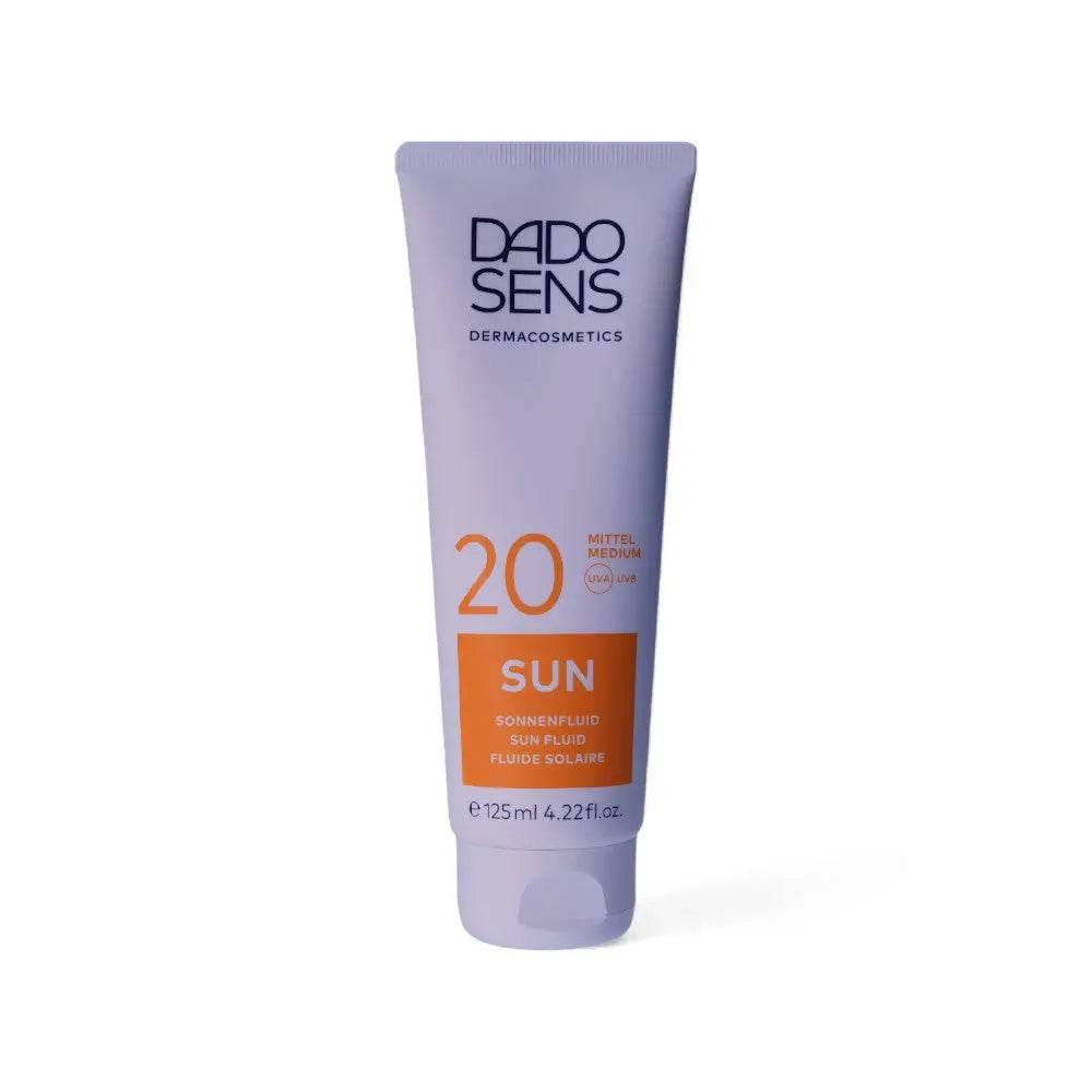 DADO SENS Sun Fluid LSF 20 Sonnencreme Tube, 125 ml, mittlerer UV-Schutz, auf weißem Hintergrund