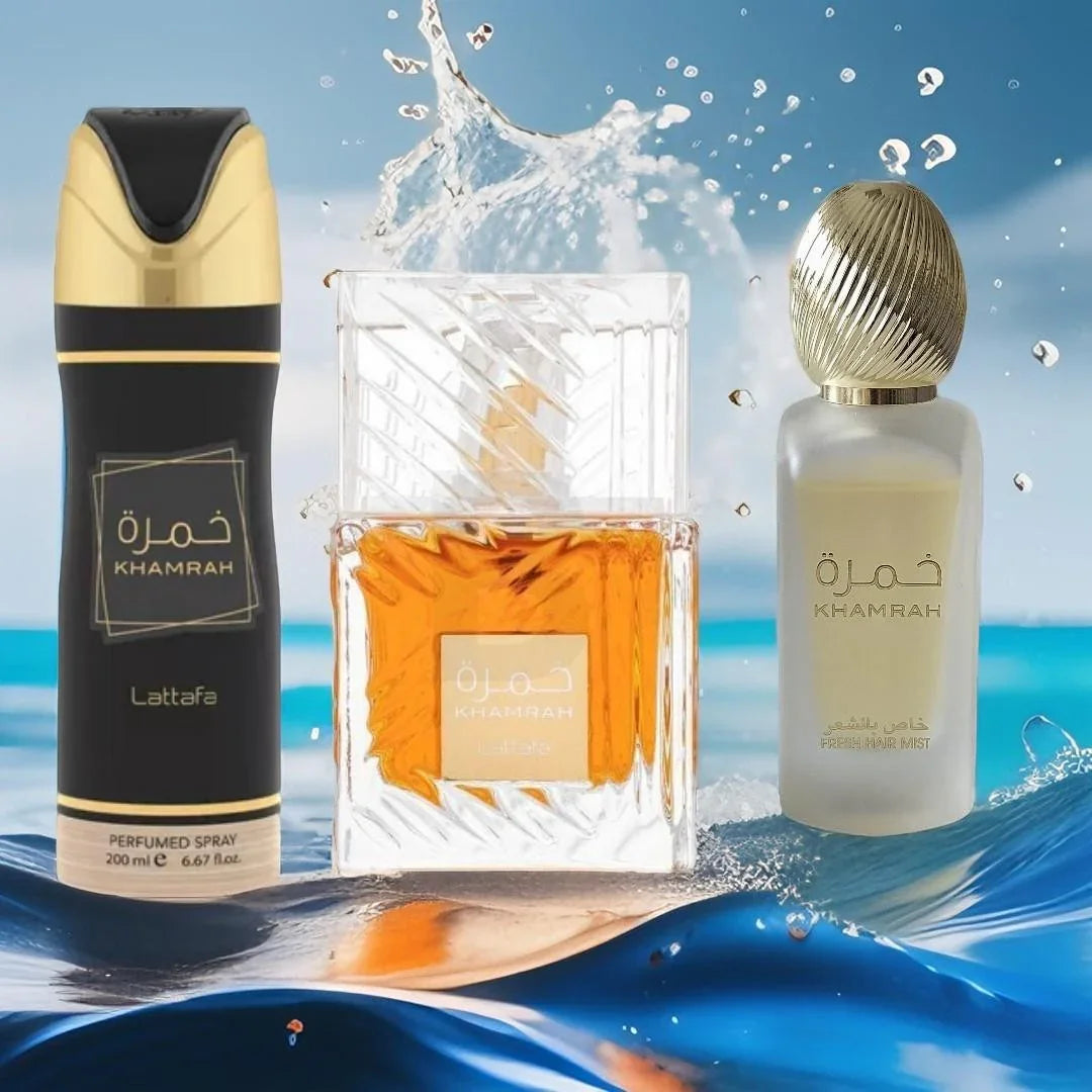 Set Lattafa KHAMRAH - Eau de Parfum 100 ml, Deodorant Spray 200 ml, Hair Mist 50 ml