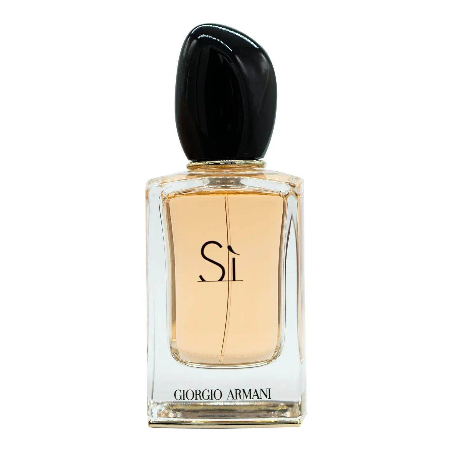 Si Eau de Parfum Flakon mit schwarzem Deckel und beigem Duft, Giorgio Armani Aufschrift