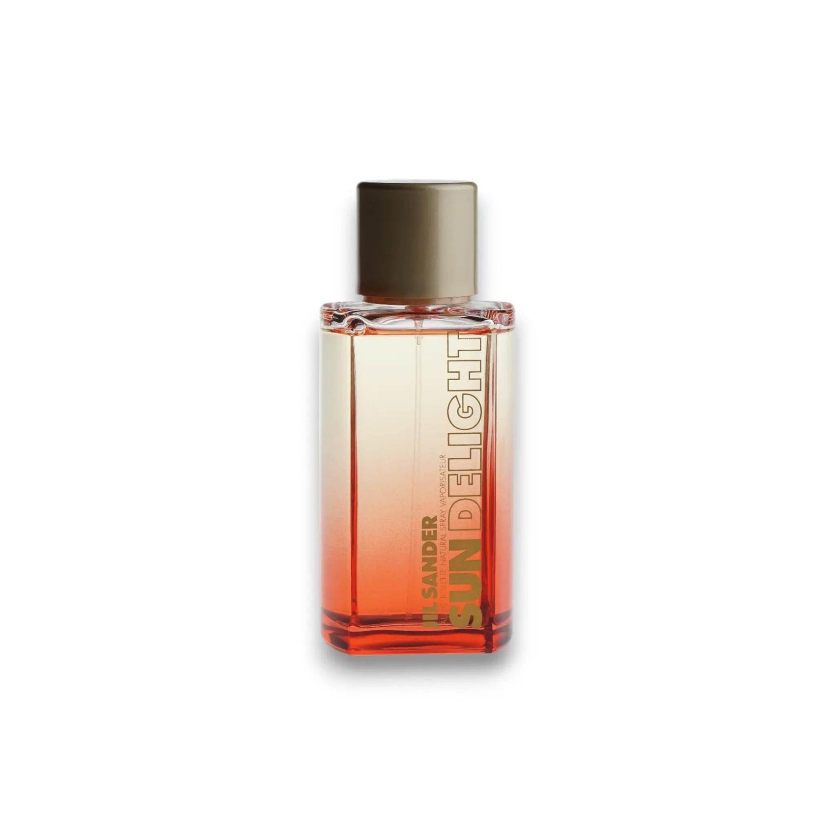 Glasflakon Sun Delight Eau de Toilette mit Farbverlauf von Rot zu Transparent auf weißem Hintergrund
