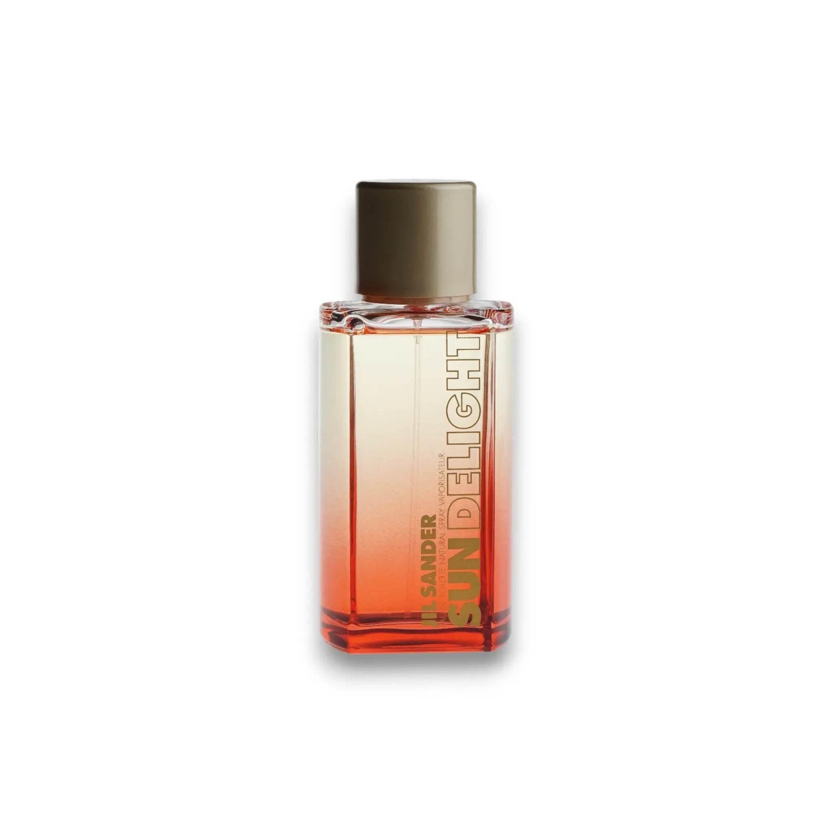 Eau de Toilette Flakon mit Sonnenverlauf und goldenem Deckel, Aufschrift Sun Delight.