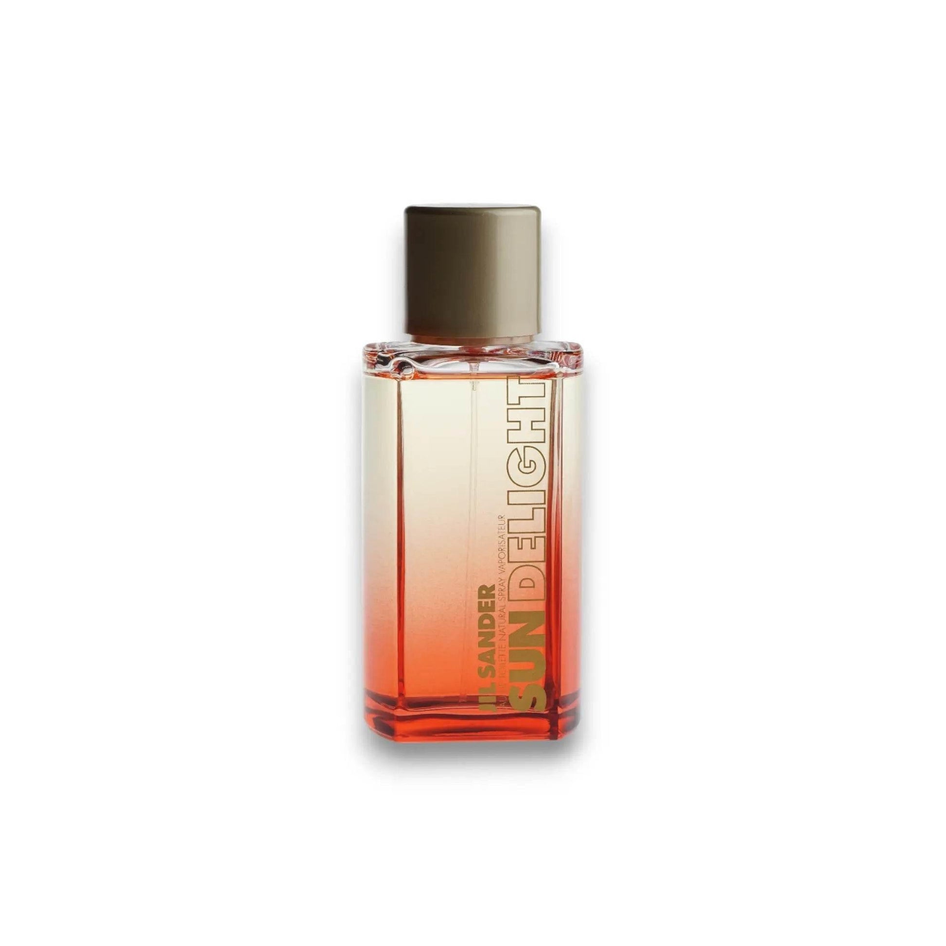 Jil Sander Sun Delight Eau de Toilette Flakon mit Farbverlauf und goldener Kappe auf weißem Hintergrund