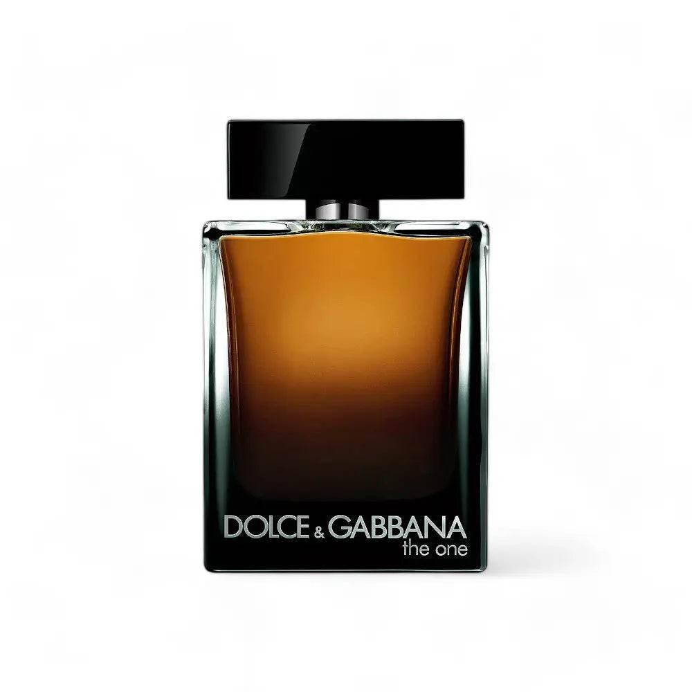 Luxuriöses Parfumflakon Dolce & Gabbana The One for Men mit schwarzem Verschluss vor weißem Hintergrund