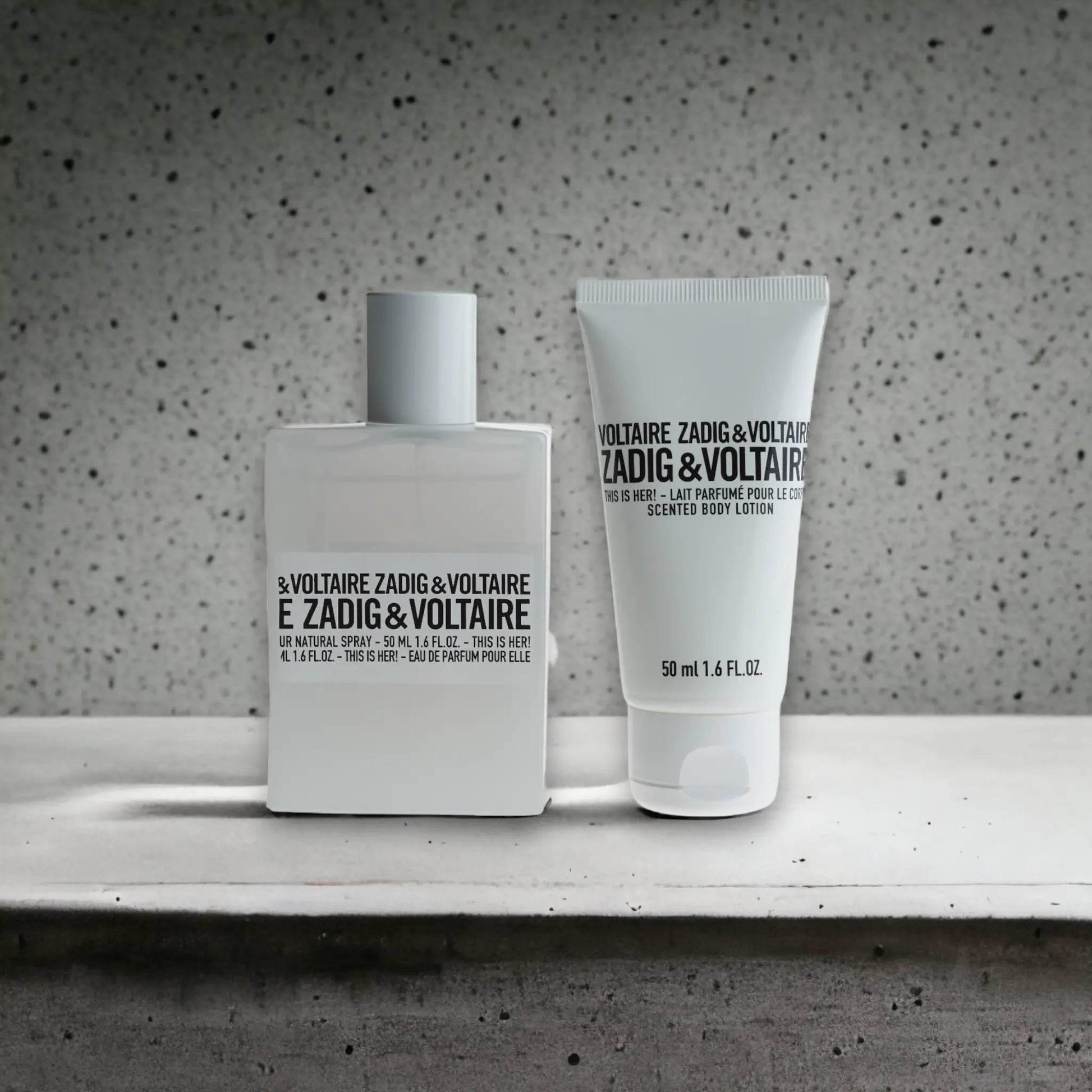 Zadig & Voltaire Duftset mit Eau de Parfum und Body Lotion, moderne Verpackung, 50ml Größe.