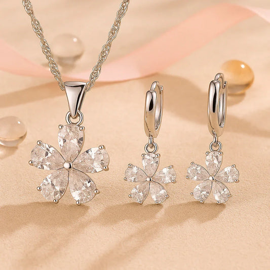 Schmuck Set aus 925er Sterling Silber, Kristall-Blume