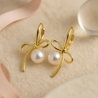 Ohrringe aus 925er Sterling-Silber, Creole mit Perle und Schleife